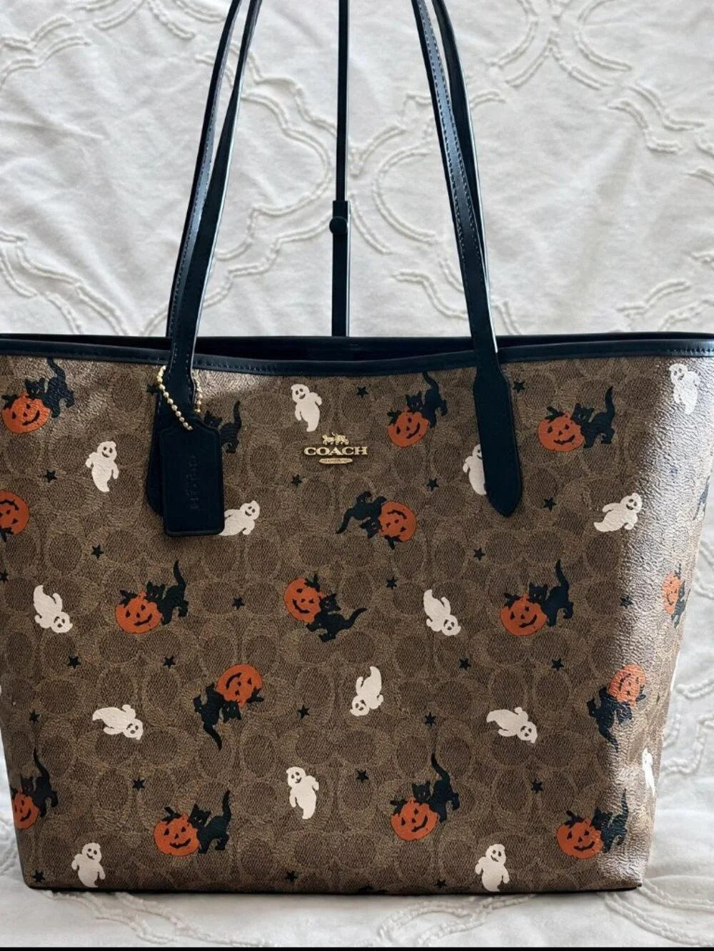 Coach Brown Signature Halloween Tote with Black Trim and Orange & White Motifs